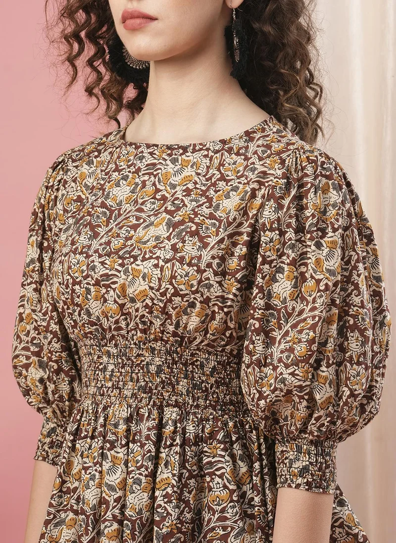 globus Globus Women Maroon Ethnic Motif Printed Puff Sleeve Pure Cotton Top & Trouser